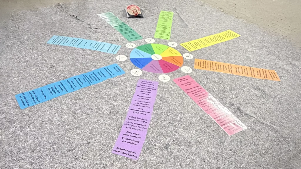 Buntes Moderationsrad mit Karten und Begriffen, ausgelegt auf dem Boden für eine Teamübung.