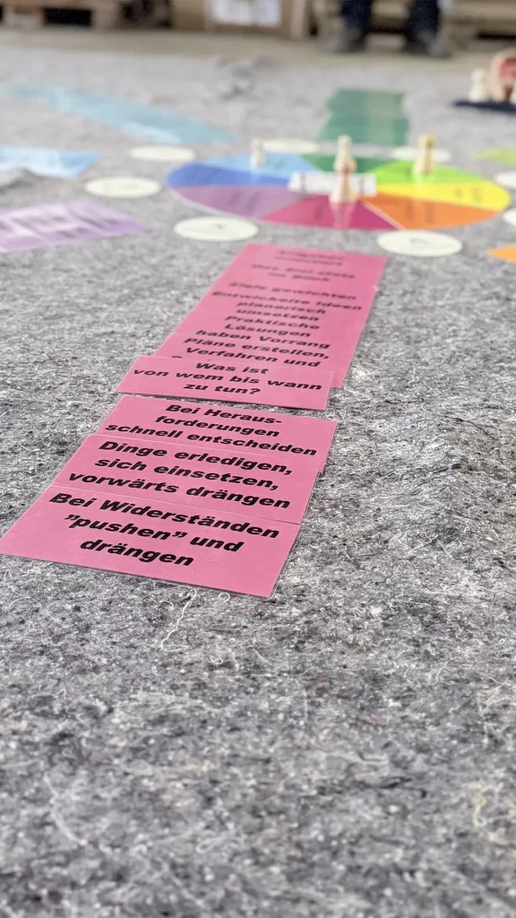 Nahaufnahme von Karten mit Handlungsanweisungen im Vordergrund, unscharfes Moderationsrad im Hintergrund.